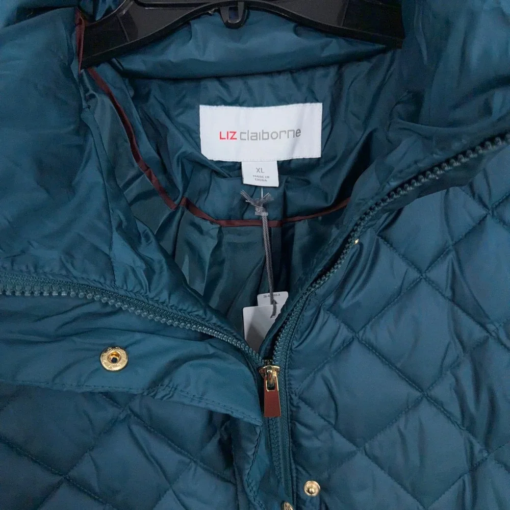 Liz Claiborne Puffer Jacket Womens XL Tahoe Teal Quilted Hooded Winter Gorpcore